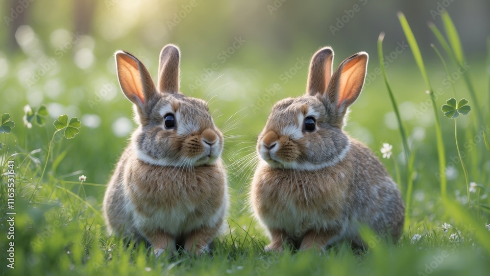 Fototapeta premium Adorable Rabbits in Sunny Green Grass Spring Nature Scene