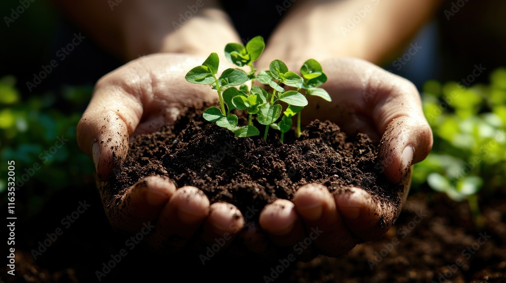 Hands holding soil with young plants, symbolizing growth and nurturing the environment. Hands holding soil with young plants, symbolizing growth and nurturing the environment.