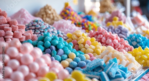 Colorful display of assorted candies at a festive market