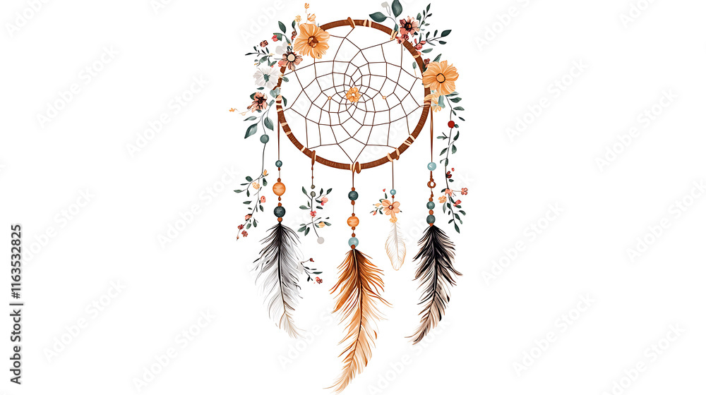 Obraz premium hand drawn boho dreamcatcher with delicate beads and feathers, featuring floral elements and natural color palette
