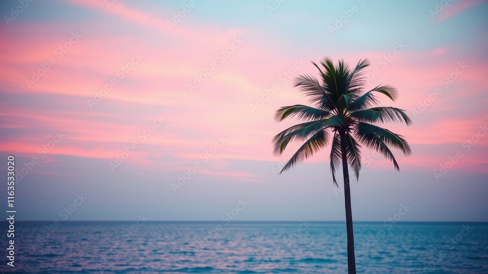 Obraz premium Serene Coastal Sunset with Single Palm Tree Silhouette