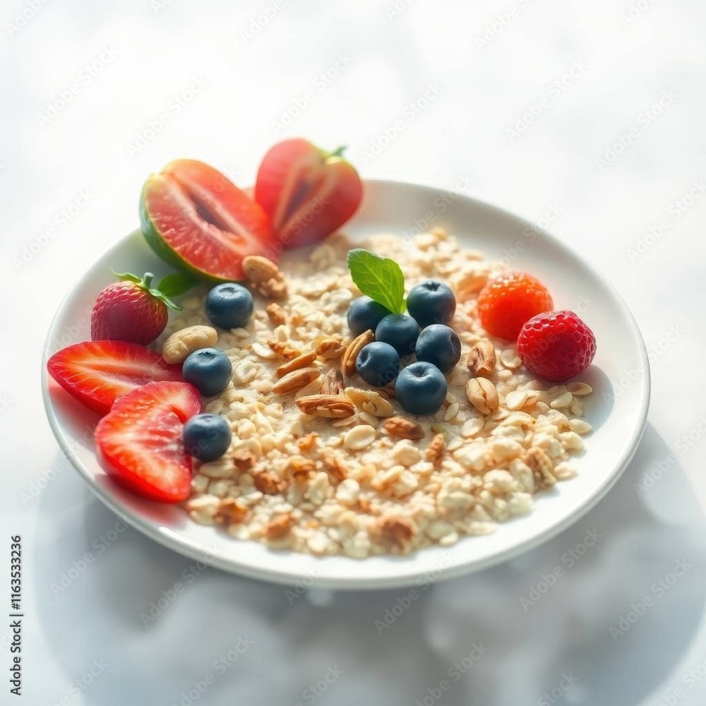 Healthy oatmeal bowl topped with fresh berries and fruits on a bright white background, copy space Healthy oatmeal bowl topped with fresh berries and fruits on a bright white background, copy space