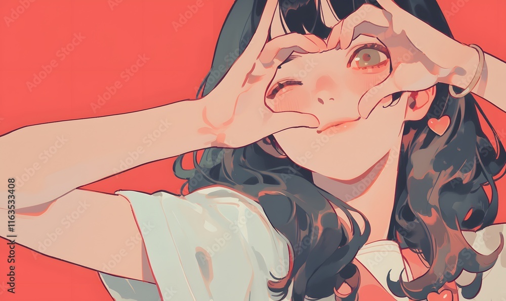 Fototapeta premium Anime style, smiling girl making heart with hands, Generative AI