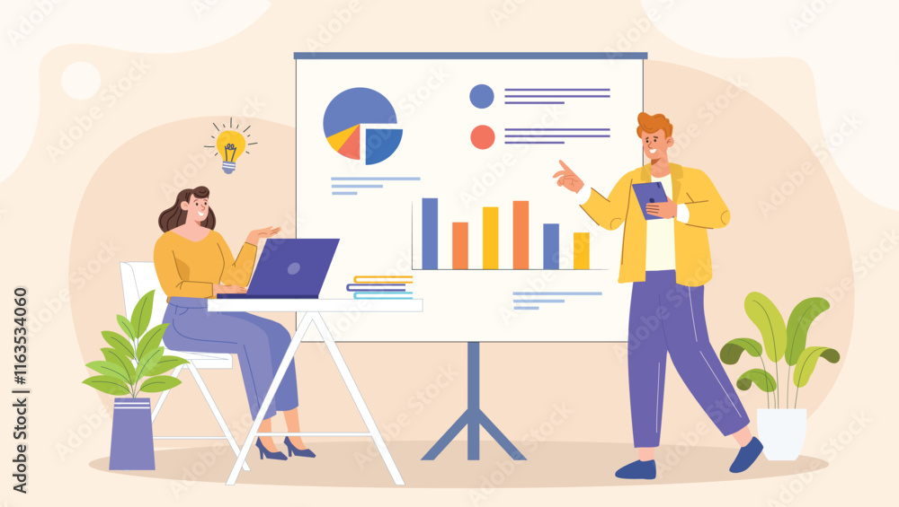 Fototapeta premium An engaging illustration showcasing a team collaborating on graphical presentation concepts, featuring brainstorming sessions, digital tools, and presentation boards to refine ideas.
