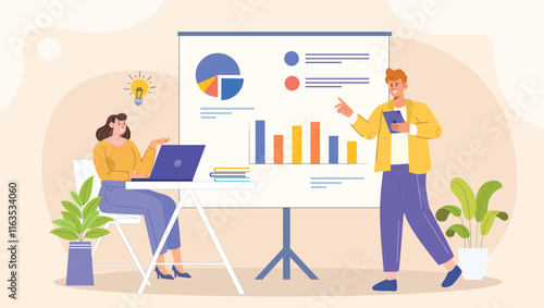 An engaging illustration showcasing a team collaborating on graphical presentation concepts, featuring brainstorming sessions, digital tools, and presentation boards to refine ideas.