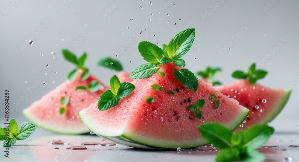 Watermelon Slices with Mint and Water Droplets Watermelon Slices with Mint and Water Droplets