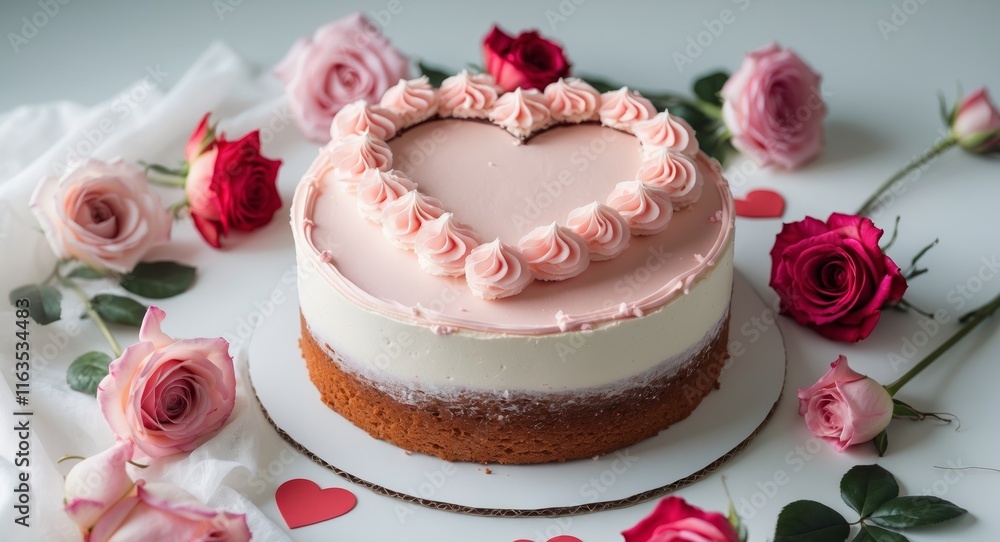 Delicious cake with heart shaped icing and roses for Valentine Day Delicious cake with heart shaped icing and roses for Valentine Day