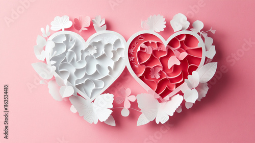 Valentine's Day card with hearts paper cut style on a pink background.
