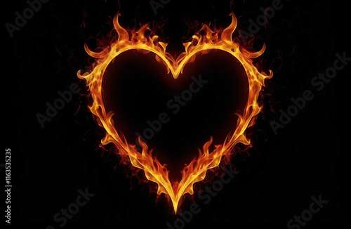 burning heart shaped frame isolated on black background with copy space for text