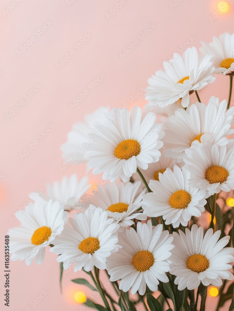 Obraz premium Close-up view of beautiful white daisies in bloom with soft pink background - nature's bright elegance