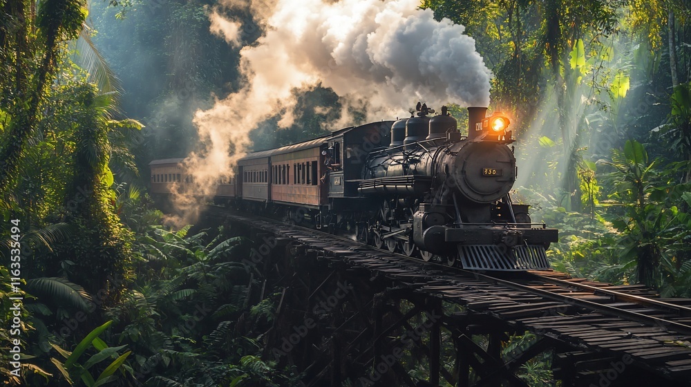 Obraz premium Vintage steam train on a wooden bridge through a lush jungle, steam rising, sunlight streaming through trees.