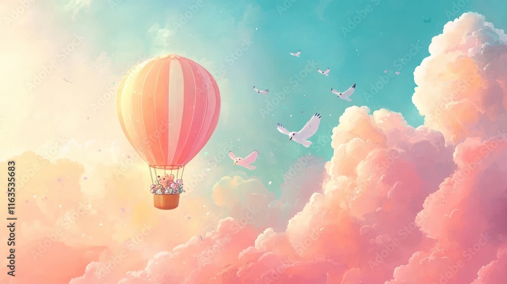 Obraz premium Dreamy Hot Air Balloon Ride Above Cotton Candy Clouds