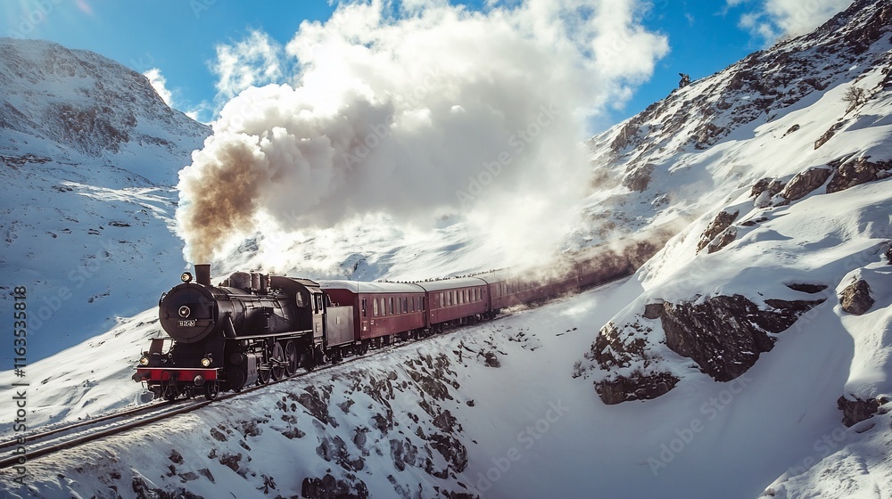 Obraz premium Scenic steam train climbs snowy mountain pass.