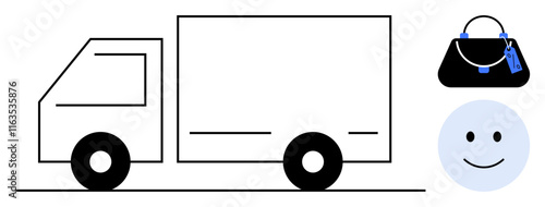 Delivery truck moving towards a smiling face emoticon with a handbag floating above. Ideal for online shopping, delivery services, customer satisfaction, e-commerce, retail, logistics, and consumer