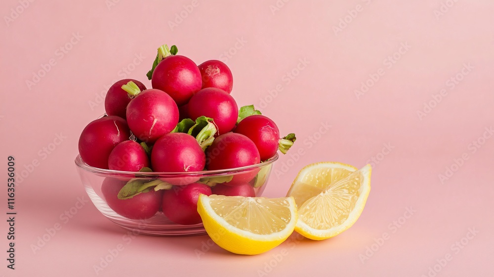 Fresh radishes stacked in a pyramid shape, isolated on a minimalist pastel pink background with a side of lemon wedges Fresh radishes stacked in a pyramid shape, isolated on a minimalist pastel pink background with a side of lemon wedges