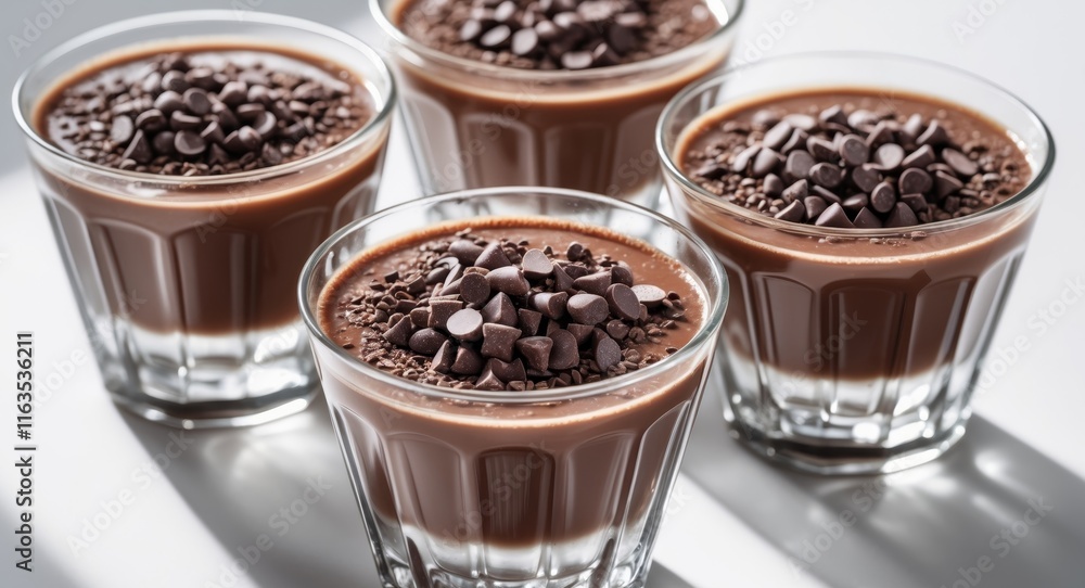 A close up of four glasses of a brown drink with chocolate chips A close up of four glasses of a brown drink with chocolate chips