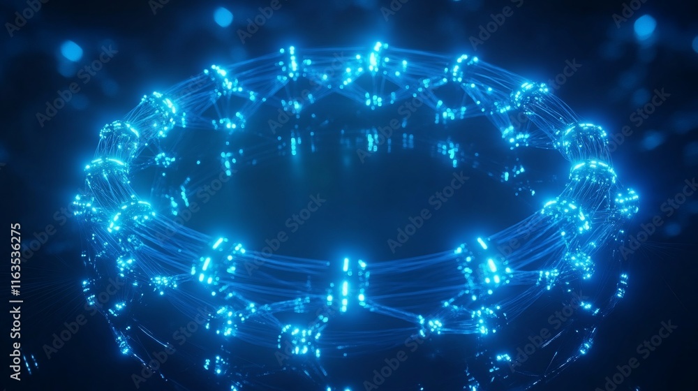 Abstract glowing blue circular structure with interconnected lines in dark background. Abstract glowing blue circular structure with interconnected lines in dark background.