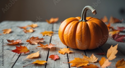 Autumn Pumpkin with Falling Leaves on a Wooden Table Background photo