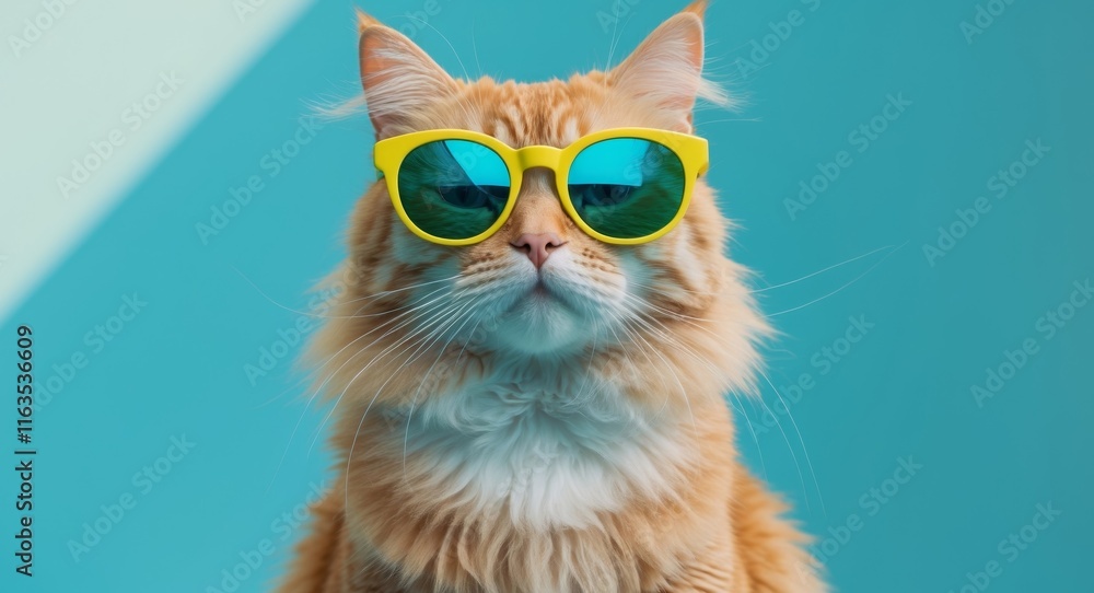 Fototapeta premium Trendy ginger cat wearing sunglasses on a turquoise background