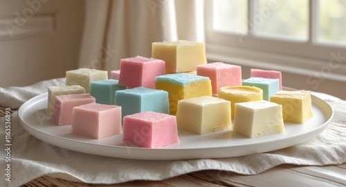 Assorted Colorful Fudge Squares on Elegant Plate Displayed Near Window with Soft Natural Light and Cozy Ambiance photo