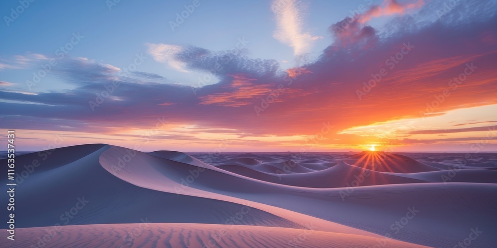Stunning sunset over rolling sand dunes with sharp clean lines and dramatic clouds Stunning sunset over rolling sand dunes with sharp clean lines and dramatic clouds