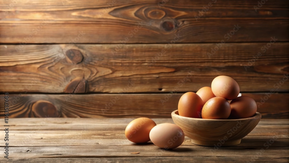 Rustic Wooden Bowl Filled with Fresh Brown Eggs on a Weathered Tabletop Rustic Wooden Bowl Filled with Fresh Brown Eggs on a Weathered Tabletop