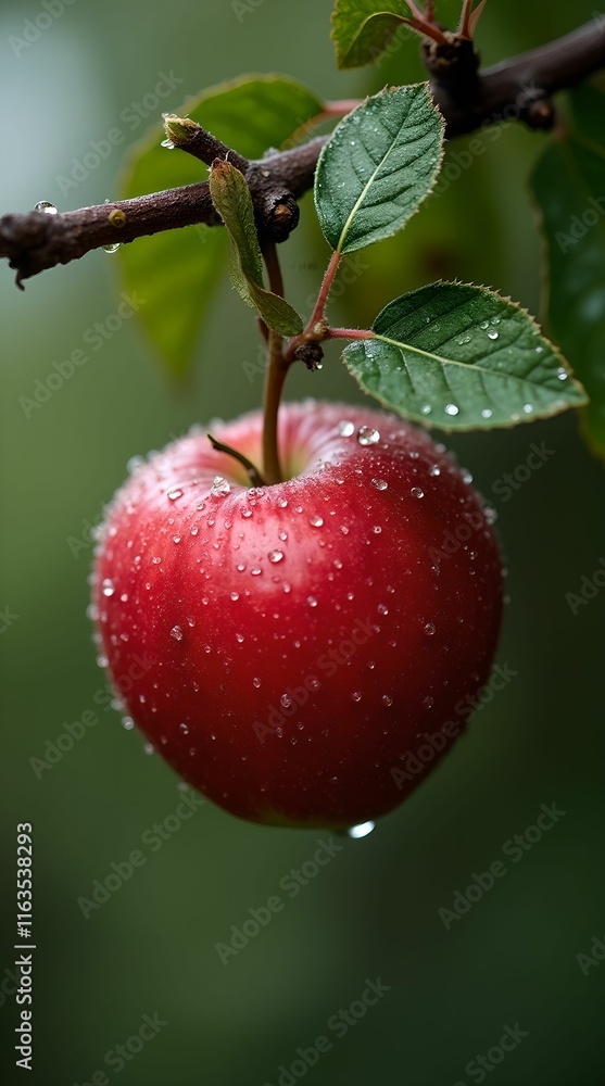 Obraz premium Red apple hanging on a tree in dew, close-up