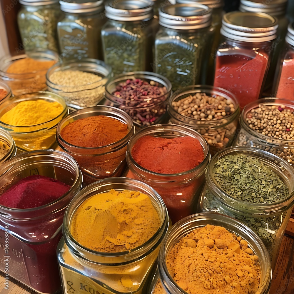Colorful array of ground spices like paprika, turmeric, and cumin displayed in glass jars, adding vibrancy and flavor inspiration to a kitchen space. Colorful array of ground spices like paprika, turmeric, and cumin displayed in glass jars, adding vibrancy and flavor inspiration to a kitchen space.