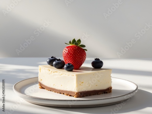 Slice of creamy cheesecake topped with strawberry and blueberry garnishes on a light plate photo