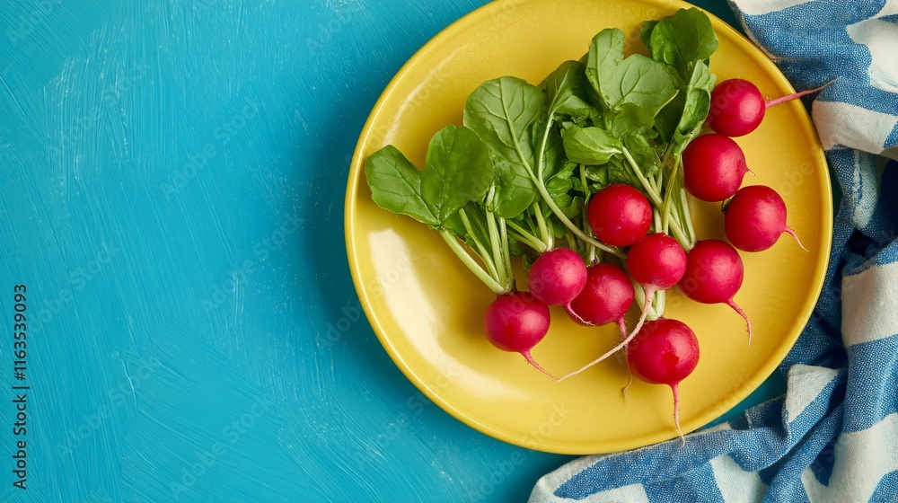 Radishes with their leaves cut into decorative shapes, isolated on a bright yellow plate with contrasting blue napkins Radishes with their leaves cut into decorative shapes, isolated on a bright yellow plate with contrasting blue napkins