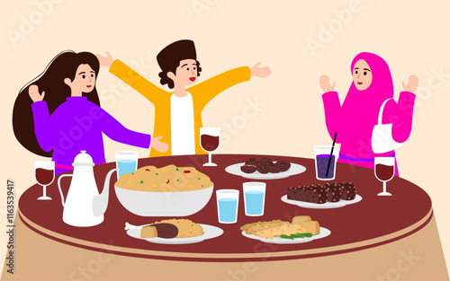 Flat Ramadan Kareem Iftar Break Fasting with Family