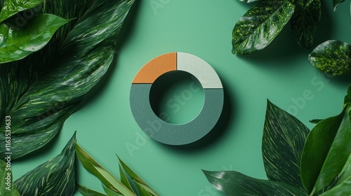 Green segmented circle surrounded by lush tropical leaves