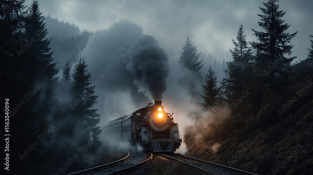Fototapeta premium Vintage steam train through a misty mountain forest.