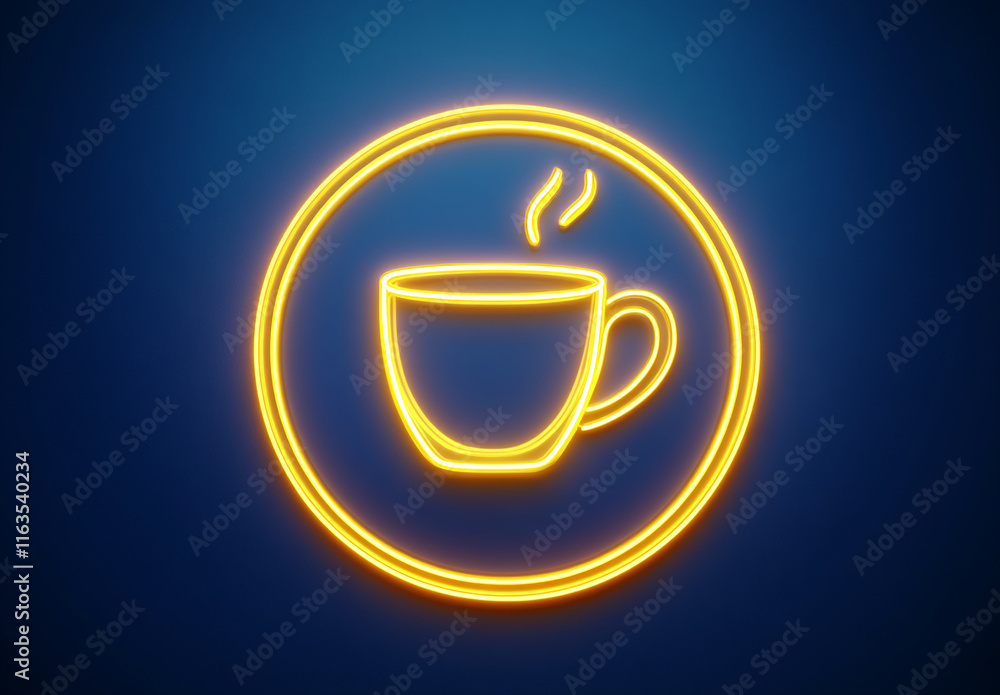 Stylish neon coffee cup design with steam on a blue background in a modern aesthetic Stylish neon coffee cup design with steam on a blue background in a modern aesthetic