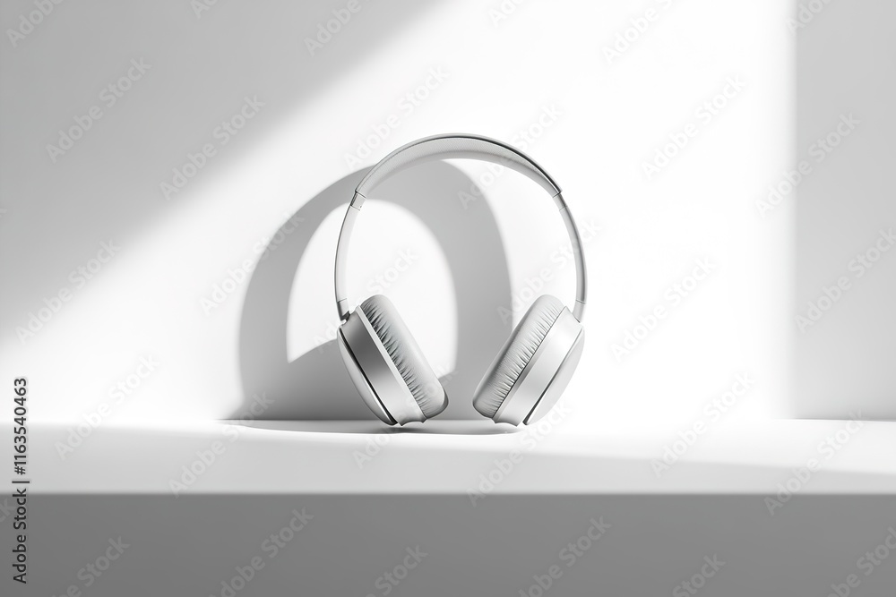 glossy studio shot of pair of modern wireless headphones resting on corporate presentation folder placed on bright glossy studio shot of pair of modern wireless headphones resting on corporate presentation folder placed on bright