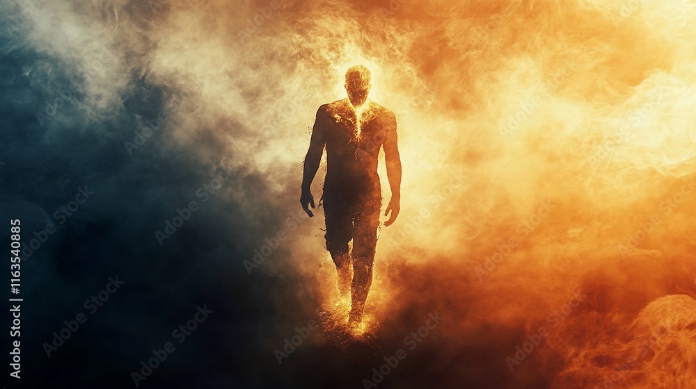 Obraz premium A figure walks through a fiery and smoky abyss.