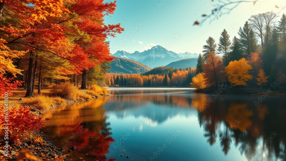 Serene autumn lake reflecting vibrant foliage and snow-capped mountains Serene autumn lake reflecting vibrant foliage and snow-capped mountains