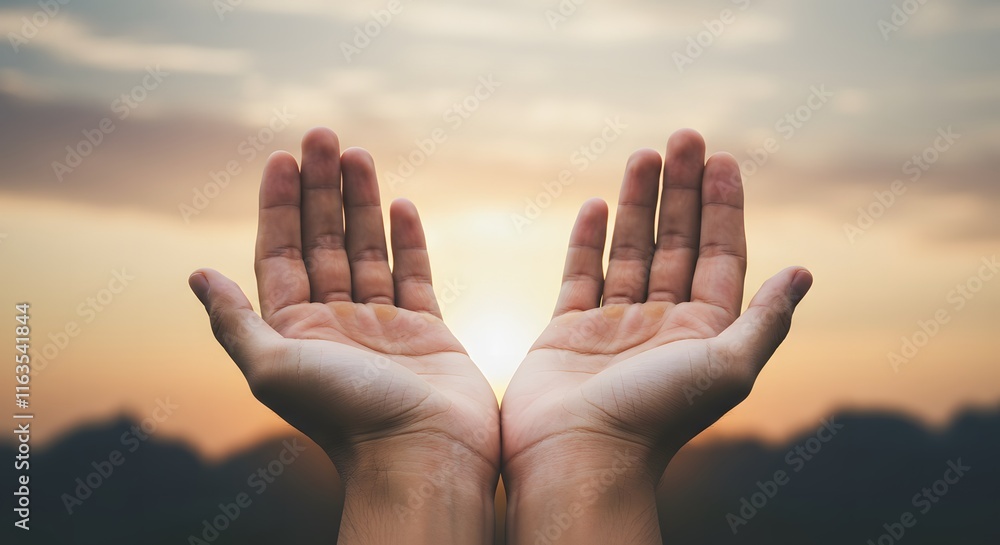 Human hands open palm up worship with faith in religion and belief in God on blessing background. Human hands open palm up worship with faith in religion and belief in God on blessing background.