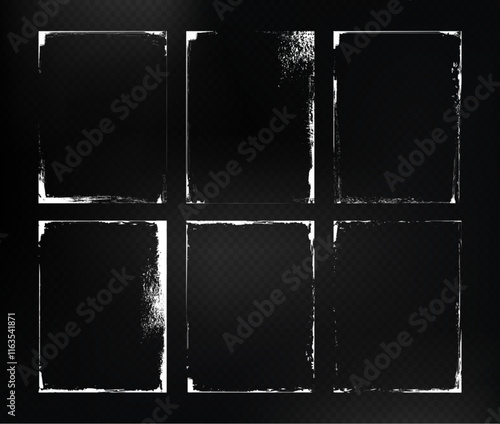 Photo frame stroke edges set - white grunge borders with rough textured perimeter and distressed corners on transparent bg for scrapbooking, vintage album design and artistic photography overlays.