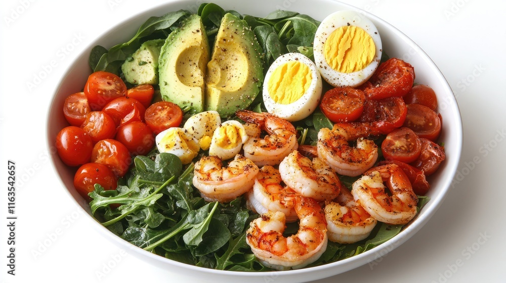 Bowl of balanced breakfast salad with shrimp, avocado, arugula, spinach, tomatoes, and boiled eggs. Horizontal top view from above. Bowl of balanced breakfast salad with shrimp, avocado, arugula, spinach, tomatoes, and boiled eggs. Horizontal top view from above.