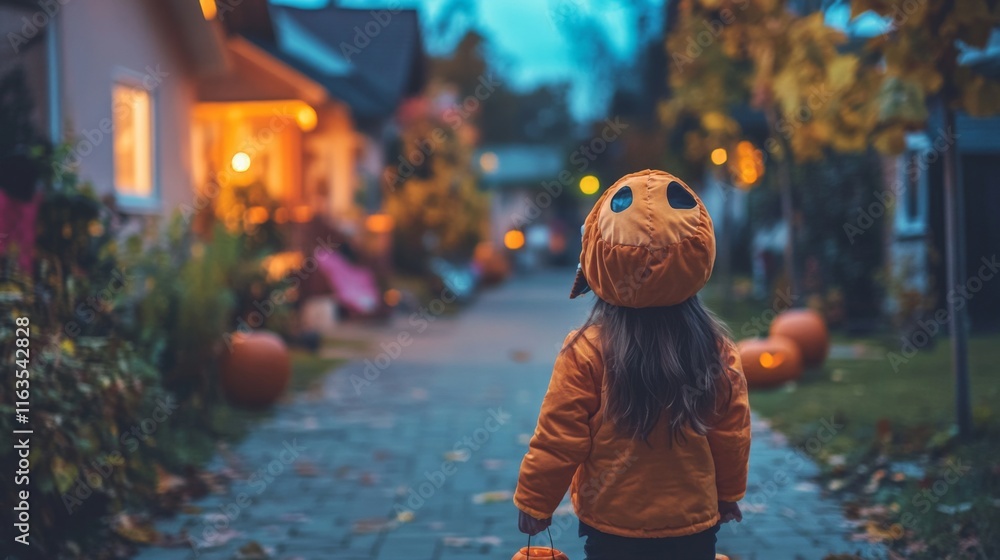 Naklejka premium Child in Halloween costume trick-or-treating at night.