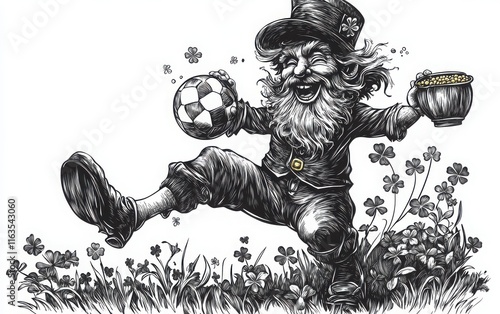 A hand-drawn black and white vector of a leprechaun joyfully kicking a soccer ball, holding a pot of gold, with shamrocks in the background photo