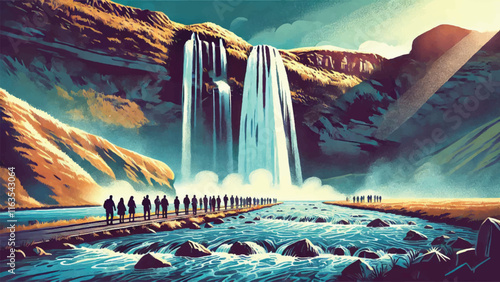 Landscape illustration of Seljalandsfoss, Iceland A waterfall that allows visitors to walk behind its flowing water, offering spectacular views 10