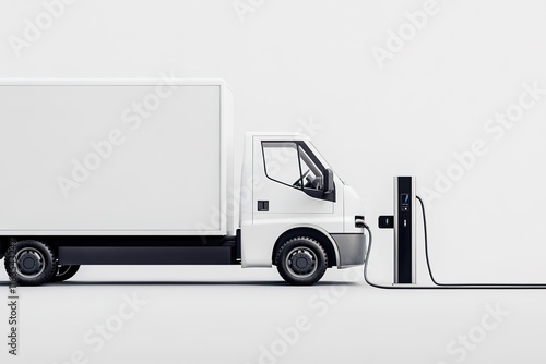 polished studio composition of electric delivery truck connected to heavy-duty charging unit with thick industrial-style