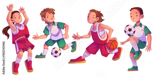 Kids playing soccer and basketball set isolated on white background. Vector cartoon illustration of happy teen boys and girls kicking and dribbling ball, team sports game, active healthy lifestyle