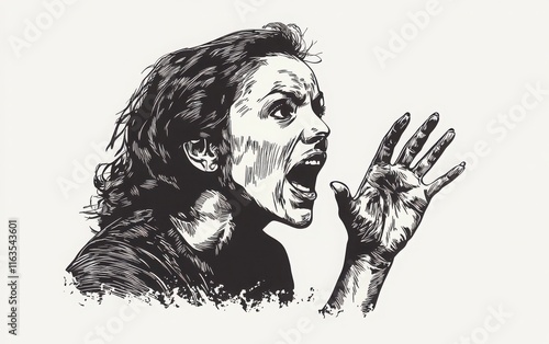 A hand-drawn black and white vector of a woman urgently shouting into her hand, conveying a strong message of communication photo