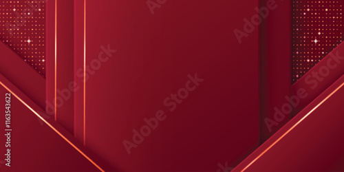 Luxury red layered background with golden geometric lines - premium abstract design with maroon overlapping shapes, sparkling dot pattern and metallic outlines. Elegant template for VIP event display.