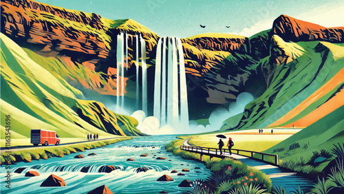 Landscape illustration of Seljalandsfoss, Iceland A waterfall that allows visitors to walk behind its flowing water, offering spectacular views 10