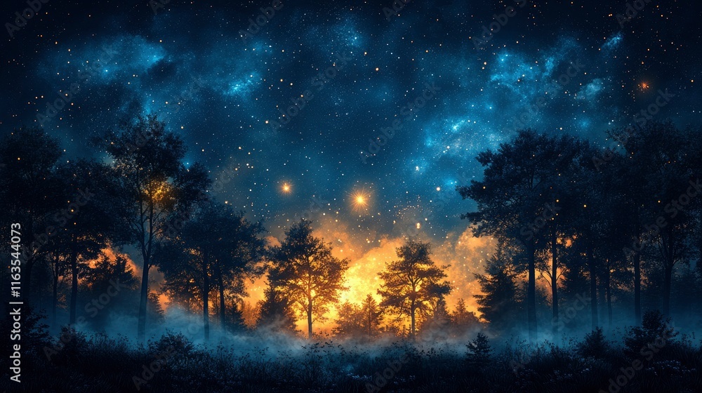 Fototapeta premium Enchanting Night Forest with Starry Sky and Glowing Fireflies