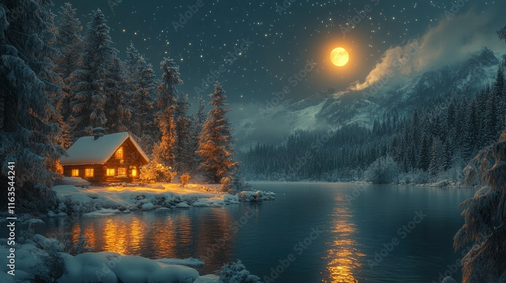 Fototapeta premium Enchanting Winter Cabin by a Moonlit Lake